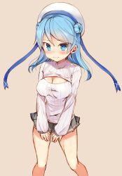 Rule 34 | 10s, 1girl, alternate costume, beige background, blue eyes, blue hair, blush, breasts, cleavage, cleavage cutout, clothing cutout, double bun, grey skirt, hair bun, hat, highres, kantai collection, large breasts, looking at viewer, matching hair/eyes, meme attire, miniskirt, open-chest sweater, pleated skirt, ribbed sweater, sailor hat, senbei (senbe i), simple background, skirt, smile, solo, sweater, taut clothes, turtleneck, urakaze (kancolle), white hat