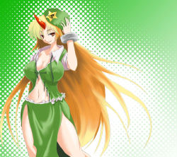 Rule 34 | 1girl, blonde hair, breasts, china dress, chinese clothes, cleavage, cosplay, dress, covered erect nipples, female focus, hat, hong meiling, hong meiling (cosplay), horns, hoshiguma yuugi, large breasts, long hair, midriff, multicolored hair, single horn, solo, touhou, very long hair, zaki (artist), zaki (pixiv)