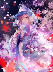 Rule 34 | 1girl, arm at side, blue hat, blue kimono, bow, branch, bug, butterfly, cherry blossoms, collar, floral print, folding fan, frilled collar, frilled sleeves, frills, hair between eyes, hand fan, hand up, hat, highres, holding, holding fan, insect, japanese clothes, kazu (muchuukai), kimono, light smile, long sleeves, looking down, mob cap, obi, petals, pink eyes, pink hair, pink theme, purple background, purple bow, purple theme, red butterfly, ribbon, ribbon-trimmed collar, ribbon-trimmed sleeves, ribbon trim, saigyouji yuyuko, sash, see-through, solo, touhou, transparent butterfly, transparent flower, triangular headpiece, veil, wide sleeves, wind