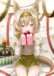 Rule 34 | 1girl, arknights, bare shoulders, beanstalk (arknights), beanstalk (gift uncompleted) (arknights), blush, box, braid, brown hair, dress, gift, gift box, green dress, green hairband, hair ornament, hair ribbon, hairband, hairclip, holding, holding box, hyena ears, hyena girl, hyena tail, long hair, long sleeves, metal crab (arknights), mizuha rei, official alternate costume, open mouth, red eyes, ribbon, seiza, sitting, solo, sweater, white sweater