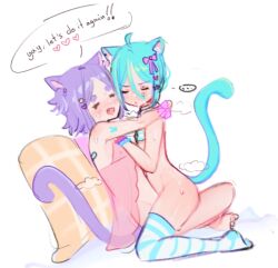 Rule 34 | 2boys, aftersex, animal ears, cat ears, cat tail, english text, highres, lyron, multiple boys, tail, trap, trap on trap, yaoi