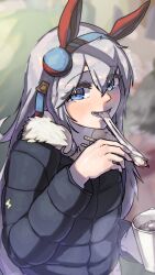 Rule 34 | 1girl, animal ears, black coat, blue eyes, blue hairband, blush, chopsticks, coat, commentary request, cup, ear covers, ear ornament, food, food in mouth, fur-trimmed coat, fur trim, grey hair, hair between eyes, hairband, highres, holding, holding chopsticks, holding cup, horse ears, horse girl, long hair, long sleeves, looking at viewer, marbow tomato, mochi, open mouth, red hairband, smile, tamamo (fate), tamamo cross (umamusume), two-tone hairband, umamusume, very long hair, visible air, winter clothes, winter coat