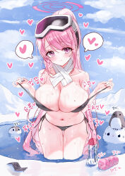 Rule 34 | 1girl, absurdres, animal, bare arms, bare legs, bare shoulders, bikini, bird, black bikini, blue archive, blush, breasts, cleavage, closed mouth, condom, condom wrapper, cowboy shot, eimi (blue archive), eimi (swimsuit) (blue archive), goggles, goggles on head, halo, heart, highres, large breasts, long hair, looking at viewer, navel, official alternate costume, penguin, pink eyes, pink hair, pink halo, ponytail, scarf, smile, solo, spoken heart, swimsuit, tandohark, wading, wet, white scarf