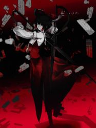 Rule 34 | 1girl, arms up, bandages, bare shoulders, black background, black bow, black footwear, black hair, blood, blood on clothes, bow, breasts, closed eyes, closed mouth, collared dress, detached sleeves, dress, frills, gradient background, grey necktie, hair ornament, hair tubes, hakurei reimu, hands up, leg up, long sleeves, medium breasts, necktie, on ( l0 ), red background, red dress, red theme, rock, sandals, sarashi, scissors, shadow, short hair, smile, solo, standing, standing on one leg, touhou, weapon, wide sleeves