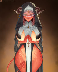 Rule 34 | 1girl, artist name, breasts, commentary, commentary request, cowboy shot, cross, demon girl, demon horns, demon tail, english commentary, habit, heart, horns, large breasts, looking at viewer, nikichen, no panties, nose, nun, original, parted lips, patreon logo, patreon username, praying, pubic tattoo, red eyes, see-through, solo, tail, tattoo, teeth, underboob, watermark, wide hips