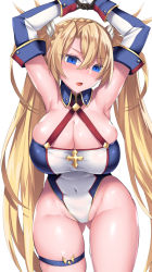 Rule 34 | 1girl, armpits, arms up, blonde hair, blue eyes, blush, bradamante (fate), braid, breasts, cleavage, covered navel, curvy, elbow gloves, fate/grand order, fate (series), french braid, gloves, hair between eyes, highleg, highleg leotard, highres, large breasts, leotard, long hair, looking at viewer, ruuku (azukieru), shiny skin, simple background, solo, standing, thighs, twintails, very long hair, white background