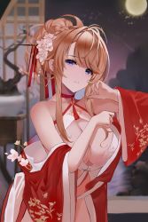 Rule 34 | 1girl, azur lane, bare shoulders, blonde hair, blue eyes, blush, breasts, chinese clothes, cleavage, dress, flower, glorious (azur lane), glorious (pungent plum) (azur lane), hair flower, hair ornament, hair stick, highres, large breasts, long hair, official alternate costume, open clothes, red dress, revealing clothes, solo, wide sleeves, xifanqvq