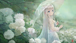 Rule 34 | 1274711628, 1girl, absurdres, blue eyes, blush, branch, bush, chinese commentary, closed mouth, commentary request, dress, flower, flower request, from side, highres, holding, holding umbrella, hydrangea, long hair, long sleeves, original, outdoors, rain, scenery, see-through, see-through dress, solo, standing, transparent, transparent umbrella, umbrella, very long hair, white hair
