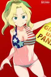 Rule 34 | 10s, 1girl, absurdres, adjusting clothes, adjusting swimsuit, alternate hairstyle, american flag, american flag bikini, artist name, bikini, blonde hair, blue eyes, breasts, cleavage, closed mouth, collarbone, commentary request, copyright name, cowboy shot, dated, flag print, girls und panzer, green ribbon, hair intakes, hair ribbon, highres, holding, kay (girls und panzer), large breasts, long hair, looking at viewer, navel, one-hour drawing challenge, ponytail, red background, ribbon, sign, signature, simple background, smile, solo, standing, swimsuit, watermark, whitebeltmaster