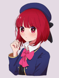 Rule 34 | 1girl, ama (ama ekaku), arima kana, beret, blue hat, blue jacket, blush, bob cut, bow, bowtie, closed mouth, collared shirt, commentary request, cropped torso, grey background, hat, highres, jacket, long sleeves, looking at viewer, open clothes, open jacket, oshi no ko, pink bow, pink bowtie, red eyes, red hair, shirt, short hair, simple background, solo, sweatdrop