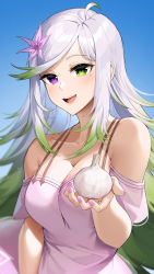 Rule 34 | 1girl, :d, ahoge, bare shoulders, breasts, cleavage, collarbone, commentary, copyright request, dress, english commentary, flower, garlic, gradient hair, green eyes, grey hair, hair flower, hair ornament, heterochromia, highres, large breasts, mole, mole under eye, multicolored hair, nail polish, open mouth, pink nails, purple eyes, sasoura, sleeveless, sleeveless dress, smile, solo, swept bangs, upper body, white hair