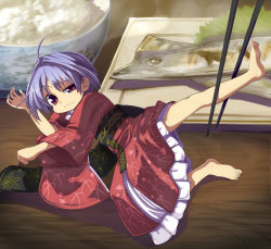 Rule 34 | 1girl, barefoot, bowl, chopsticks, fish, floral print, food, japanese clothes, kimono, leg hold, long sleeves, looking at viewer, lying, mini person, minigirl, no headwear, obi, on side, plate, purple hair, red eyes, rice, rice bowl, sash, solo, sukuna shinmyoumaru, syope, touhou, uneven eyes, wavy mouth, wide sleeves