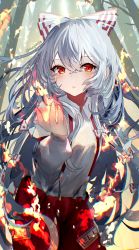 Rule 34 | 1girl, blush, bow, collared shirt, commentary request, cowboy shot, fire, forest, fujiwara no mokou, hair between eyes, hair bow, long hair, long sleeves, looking at viewer, nature, pants, parted lips, red bow, red eyes, red pants, sakizaki saki-p, shirt, signature, solo, suspenders, touhou, two-tone bow, white bow, white hair, white shirt