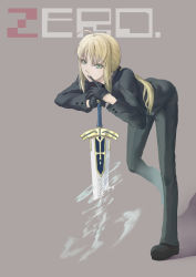 Rule 34 | 1girl, ahoge, artoria pendragon (all), artoria pendragon (fate), biting, black gloves, blonde hair, excalibur (fate/stay night), fate/stay night, fate/zero, fate (series), formal, glove biting, gloves, green eyes, hair ribbon, highres, invisible air (fate), long hair, necktie, pant suit, pants, ponytail, ribbon, saber (fate), solo, suit, sword, weapon, zft