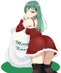 Rule 34 | 1girl, ass, black thighhighs, breasts, closed mouth, detached sleeves, feet out of frame, green eyes, green hair, hair ornament, hairclip, highres, kantai collection, large breasts, long hair, looking back, official alternate costume, one eye closed, sack, santa costume, smile, solo, suzuya (kancolle), takashi (nougyou), thighhighs, v, white background