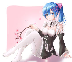 Rule 34 | 1girl, alternate hair length, alternate hairstyle, apron, arm support, bad id, bad pixiv id, black skirt, blue eyes, blue hair, blush, bow, branch, breasts, cherry blossoms, cleavage, detached collar, detached sleeves, doroshi, flower, frilled apron, frilled skirt, frilled sleeves, frills, hair between eyes, hair bow, hair ornament, highres, holding, holding branch, knees up, long hair, long sleeves, looking at viewer, maid, maid apron, medium breasts, miniskirt, no shoes, pantyhose, pink bow, pink flower, ponytail, re:zero kara hajimeru isekai seikatsu, rem (re:zero), sidelocks, sitting, skirt, smile, solo, underbust, waist apron, white pantyhose, x hair ornament