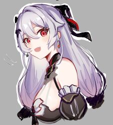 Rule 34 | 1girl, :d, bare shoulders, blush, breasts, commentary, detached sleeves, earrings, english commentary, fang, grey background, grey hair, hair between eyes, hair ornament, highres, honkai (series), honkai impact 3rd, jewelry, large breasts, long hair, looking at viewer, theresa apocalypse (luna kindred), mini2chainz, open mouth, red eyes, simple background, skin fang, smile, solo, theresa apocalypse, theresa apocalypse (lunar vow: crimson love), upper body
