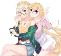 Rule 34 | 2girls, absurdres, alternate costume, bare shoulders, belt, blonde hair, blouse, blue eyes, blurry, board game, breasts, coffee cup, commentary, cup, disposable cup, fate/grand order, fate (series), frilled shirt collar, frills, glasses, go (board game), grin, highres, jacket, jeanne d&#039;arc (fate), jeanne d&#039;arc (ruler) (fate), jeanne d&#039;arc alter (avenger) (fate), jeanne d&#039;arc alter (fate), large breasts, long hair, long sleeves, multiple girls, sd4869, shirt, short hair, shorts, silver hair, sitting, skirt, smile, tank top, tongue, tongue out, tsurime, white background, yellow eyes