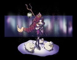 Rule 34 | 1girl, animal, black background, blurry, blurry background, capelet, closed eyes, closed mouth, fur-trimmed capelet, fur trim, gem, green stellar, hat, heterochromia, highres, holding lamp, lamp, league of legends, long hair, official alternate costume, open mouth, purple capelet, purple shirt, purple shorts, red hair, running, sheep, shirt, shoes, shorts, snow, snowing, solo, teeth, thighhighs, upper teeth only, winterblessed zoe, yellow eyes, zoe (league of legends)