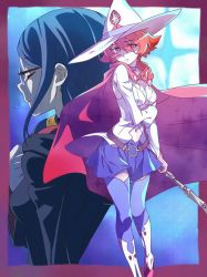 Rule 34 | 10s, belt, blue hair, boots, cape, chariot du nord, closed eyes, glasses, hat, leggings, little witch academia, long hair, miniskirt, profile, red eyes, red hair, shiny chariot, short hair, skirt, star (symbol), starry background, tama (tama-s), thighhighs, ursula callistis