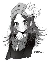 Rule 34 | 1girl, beanie, blush, bow, bowtie, character name, closed mouth, collared shirt, commentary request, cropped torso, dress shirt, greyscale, hat, highres, long hair, looking at viewer, monochrome, oshi no ko, rabbit hat ornament, rumic 0620, shirt, sidelocks, simple background, smile, solo, sweater, tendouji sarina, translated, upper body