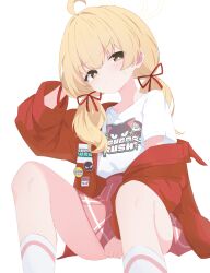 Rule 34 | 1girl, absurdres, ahoge, blonde hair, blue archive, blush, closed mouth, feet out of frame, halo, highres, jacket, long hair, long sleeves, looking at viewer, low twintails, official alternate costume, open clothes, open jacket, pink skirt, pleated skirt, red jacket, rokukarashi, shirt, short sleeves, simple background, skirt, socks, solo, twintails, white background, white shirt, white socks, yellow eyes, yellow halo, yoshimi (band) (blue archive), yoshimi (blue archive)