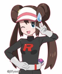 1girl ;d alternate_costume belt breasts bright_pupils brown_hair commentary creatures_(company) double_bun game_freak gloves hair_bun hand_on_own_hip hand_up highres jiffyswirl logo long_hair master_ball nervous_smile nintendo one_eye_closed open_mouth outline poke_ball pokemon pokemon_bw2 rosa_(pokemon) simple_background smile solo sweatdrop team_rocket team_rocket_uniform tongue twintails twitter_username v visor_cap watermark white_background white_pupils