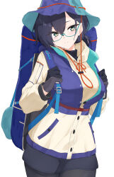 Rule 34 | 1girl, absurdres, bag, black gloves, black hair, black pantyhose, blue archive, blush, breasts, bucket hat, chihiro (blue archive), chihiro (camp) (blue archive), duffel bag, glasses, gloves, hat, highres, holding strap, isocha, large breasts, looking at viewer, official alternate costume, pantyhose, semi-rimless eyewear, simple background, smile, solo, under-rim eyewear, white background
