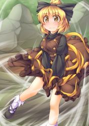 Rule 34 | 1girl, blonde hair, blush, bow, brown dress, brown eyes, clothes lift, covering privates, covering crotch, dress, dress lift, female focus, fun bo, hair bow, juliet sleeves, kurodani yamame, long sleeves, looking at viewer, puffy sleeves, rock, shirt, solo, symbol-shaped pupils, touhou, wavy mouth, wind, wind lift