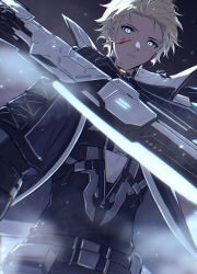 Rule 34 | blonde hair, blood, blood on face, blue eyes, chrome: glory (punishing: gray raven), chrome (punishing: gray raven), earrings, fog, frown, gunblade, highres, holding, holding weapon, jacket, jewelry, looking at viewer, male focus, mao (expuella), mechanical arms, mechanical parts, punishing: gray raven, snow, weapon