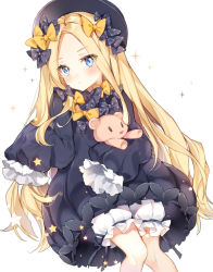 Rule 34 | 1girl, abigail williams (fate), black bow, black dress, black hat, blonde hair, bloomers, blue eyes, blush, bow, bug, butterfly, closed mouth, dress, fate/grand order, fate (series), forehead, hair bow, hat, hugging object, insect, long hair, long sleeves, looking at viewer, lying, on back, orange bow, parted bangs, pingo, polka dot, polka dot bow, simple background, sleeves past fingers, sleeves past wrists, solo, sparkle, stuffed animal, stuffed toy, teddy bear, underwear, very long hair, white background, white bloomers
