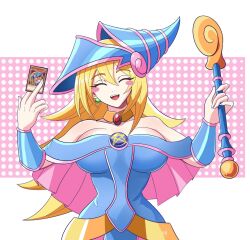 Rule 34 | 1girl, :d, ^ ^, bare shoulders, blonde hair, blue dress, blue hat, blush stickers, card, choker, closed eyes, commentary, dark magician girl, dress, facing viewer, hat, highres, holding, holding card, holding wand, ihsnet, long hair, off-shoulder dress, off shoulder, open mouth, short sleeves, smile, solo, staff, upper body, wand, yu-gi-oh!