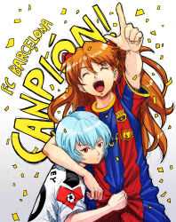 Rule 34 | 2010-2011 uefa champions&#039; league, 2girls, ayanami rei, barclays premier league, blue hair, boyaking, brown hair, catalan text, closed eyes, clothes writing, face, fc barcelona, foreshortening, long hair, manchester united, multiple girls, neon genesis evangelion, open mouth, pointing, ranguage, red eyes, revision, short hair, sketch, soccer, soccer uniform, souryuu asuka langley, spanish text, sportswear, uefa champions league