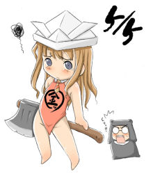 Rule 34 | 1boy, 1girl, aged down, alternate eye color, animal costume, annoyed, axe, bear costume, blush, chinese clothes, dudou, glasses, harry potter, harry potter (series), hatchet, hatchet (axe), hermione granger, kintarou, komusou (komusou1), looking at viewer, no panties, opaque glasses, origami, paper hat, paper kabuto, simple background, tears, weapon, white background, wizarding world