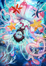 Rule 34 | 1girl, air bubble, animal, bikini, black bikini, blue background, blue hair, bubble, closed mouth, clownfish, commentary request, coral reef, facing viewer, fish, full body, hands up, heart, heart hair, highres, holding, holding animal, jellyfish girl, long hair, minksama, monster girl, original, pink hair, pink lips, prehensile hair, see-through body, smile, solo, sparkle, starfish, swimsuit, tentacle hair, underwater, very long hair