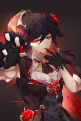 Rule 34 | 1girl, absurdres, alternate eye color, alternate hair color, asymmetrical gloves, black hair, flower, fu hua, fu hua (blood voivode), fu hua (shadow knight), gloves, hair between eyes, hair flower, hair ornament, highres, honkai (series), honkai impact 3rd, huge filesize, looking at viewer, mismatched gloves, nana895, ponytail, red background, red eyes, red flower, rose, solo, vampire