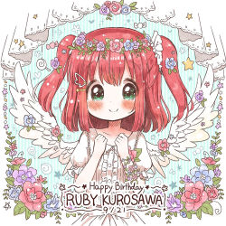 Rule 34 | 1girl, angel, angel wings, aqua eyes, artist name, artist request, blush, breasts, cat of sugar, clenched hands, dress, feathered wings, female focus, flower, flower wreath, frilled sleeves, frills, green eyes, hair ornament, head wreath, kurosawa ruby, looking at viewer, love live!, love live! school idol festival, love live! sunshine!!, pink flower, puffy short sleeves, puffy sleeves, red flower, red hair, short hair, short sleeves, skirt, solo, twintails, white skirt, white wings, wing hair ornament, wings
