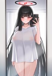 Rule 34 | 1girl, :o, absurdres, black hair, blue archive, blush, breasts, cellphone, collarbone, fingernails, full-length mirror, hair ornament, hairclip, halo, highres, holding, holding phone, huge breasts, long hair, looking at viewer, mijikayo, mirror, nail polish, no bra, no pants, phone, red eyes, reflection, rio (blue archive), selfie, shirt, solo, straight hair, very long hair, white shirt