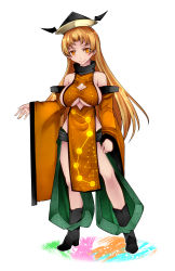 Rule 34 | 1girl, adapted costume, aoshima, bare shoulders, blonde hair, breasts, chaps, cleavage, cleavage cutout, closed mouth, clothing cutout, constellation, detached sleeves, full body, hat, highres, long hair, long sleeves, looking at viewer, matara okina, smile, solo, standing, tabard, touhou, underboob, wide sleeves, yellow eyes