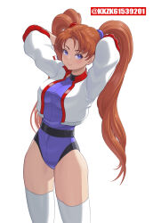 Rule 34 | 1girl, arms behind head, arms up, athletic leotard, blue eyes, blue leotard, breasts, brown hair, highres, jacket, kkzk61539201, large breasts, leotard, long hair, namco, numan athletics, sharon les halles, smile, solo, thighhighs, thighs, twintails, white jacket, white thighhighs