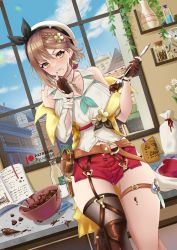 Rule 34 | 1girl, absurdres, atelier (series), atelier ryza, atelier ryza 1, belt, blue sky, blush, bottle, braid, breasts, brown eyes, brown hair, brown thighhighs, chocolate, cleavage, collared shirt, detached sleeves, earrings, grin, hair ornament, highres, jar, jewelry, key, key necklace, large breasts, looking at viewer, milk bottle, mixing bowl, navel, necklace, off shoulder, pastry bag, pouch, red shorts, reisalin stout, ryuuneart, shirt, short shorts, shorts, side braid, single thighhigh, sky, sleeveless, sleeveless shirt, smile, solo, spoon, star (symbol), star earrings, thick thighs, thighhighs, thighs, vest, white shirt, window, yellow vest