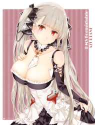 Rule 34 | 1girl, areola slip, azur lane, bare shoulders, between breasts, black dress, blush, breasts, character name, cleavage, cowboy shot, dress, earrings, formidable (azur lane), frilled dress, frills, grey hair, hair ornament, hair ribbon, hand on own chest, highres, jewelry, large breasts, long hair, long sleeves, looking at viewer, red eyes, ribbon, rigging, saekiya sabou, skirt hold, solo, twintails