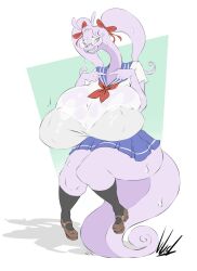 Rule 34 | absurdres, braces, breasts, bursting breasts, creatures (company), dullvivid, furry, game freak, gen 6 pokemon, glasses, goodra, highres, huge breasts, looking at viewer, nintendo, pokemon, ribbon, sailor collar, school uniform, signature, skirt, smile, solo, sweat, thick thighs, thighs, twintails, wide hips
