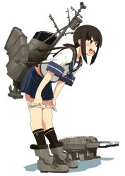 Rule 34 | 10s, 1girl, @ @, blouse, blue skirt, brown hair, brown socks, commentary request, embarrassed, fubuki (kancolle), full body, highres, kantai collection, kneehighs, kozou (rifa), machinery, miniskirt, neckerchief, open mouth, panties, panty pull, pleated skirt, sailor collar, school uniform, serafuku, shirt, short ponytail, simple background, skirt, socks, solo, standing, tears, underwear, wavy mouth, white background, white shirt