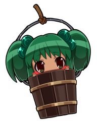 Rule 34 | 1girl, atyuto, bad id, bad pixiv id, blush, blush stickers, bow, bucket, chibi, female focus, green eyes, green hair, hair bow, in bucket, in container, kisume, matching hair/eyes, solo, touhou, transparent background, twintails