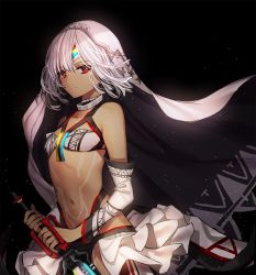 Rule 34 | 10s, 1girl, altera (fate), bare shoulders, breasts, commentary request, dark skin, dark-skinned female, detached sleeves, fate/extella, fate/extra, fate/grand order, fate (series), gambe, highres, looking at viewer, midriff, navel, photon ray (fate), red eyes, short hair, small breasts, solo, sword, tattoo, veil, weapon, white hair