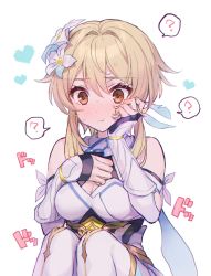 Rule 34 | 1girl, ?, black gloves, blonde hair, blush, breasts, cleavage, commentary request, detached sleeves, dress, flower, genshin impact, gloves, hair between eyes, hair flower, hair ornament, hand on own cheek, hand on own face, heart, highres, lumine (genshin impact), medium breasts, natsukko 0606, nose blush, orange eyes, partially fingerless gloves, pixelated, short hair with long locks, simple background, sitting, solo, sound effects, spoken question mark, sweat, thighhighs, white background, white dress, white thighhighs