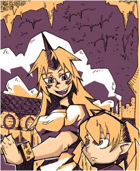 Rule 34 | 2girls, cave, cuffs, height difference, horns, hoshiguma yuugi, mizuhashi parsee, multiple girls, pointy ears, setz, shackles, single horn, touhou