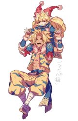 Rule 34 | 1boy, 1girl, abs, arm grab, arms up, blonde hair, blue jumpsuit, boots, bracer, carrying, charlotte (seiken densetsu 3), commentary, ebira, full body, fur trim, grin, happy, hat, invisible chair, jacket, jumpsuit, kevin (seiken densetsu 3), long hair, long sleeves, messy hair, open mouth, pants, red footwear, red headwear, seiken densetsu, seiken densetsu 3, shoulder carry, simple background, sitting, sleeveless, sleeveless jacket, smile, tan, tiger stripes, translation request, white background, yellow eyes, yellow jacket, yellow pants