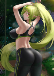 Rule 34 | absurdly long hair, absurdres, anemos (elsword), armpits, arms up, ass, back, bare shoulders, black bra, black pants, blush, bra, breasts, closed mouth, covered erect nipples, cowboy shot, elsword, forest, from behind, green eyes, green hair, highres, jixo (user nzhc8728), large breasts, light green hair, long hair, looking at viewer, looking back, nature, outdoors, pants, pointy ears, ponytail, rena erindel, shoulder blades, sideboob, sidelocks, skin tight, skindentation, sports bra, sportswear, sweat, tight clothes, tight pants, tying hair, underwear, very long hair